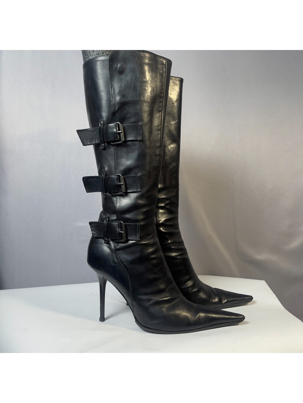 ALDO Made in Italy Black Leather Knee High Boots EU 38 Buckle Stiletto Y2K